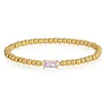 Detail view of 18K gold-plated beaded bracelet with a rectangular pink zircon stone - Amethyst Style (YB-1197-Feb)