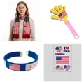 Detailed view of 4-piece USA fan cheering set with scarf, wristband, clapper, and stickers - USA Fan Scarf Set