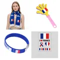 Detailed view of 4-piece France soccer fan set including scarf, clapper, and wristband - France Fan Scarf Set