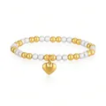 Detailed macro shot of a golden heart charm on a stainless steel beaded elastic bracelet - White Heart Style (YB-1198G-WHT)