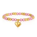 Detailed view of pink shimmering beads and golden heart charm on elastic bracelet - Pink Large Heart Style (YB-1199G-PNK)