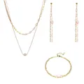 Close-up detail of freshwater pearl and gold stainless steel jewelry set for women - Necklace+Bracelet+Earrings Set / Gold Set
