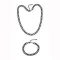 Detailed view of black stainless steel Cuban NK chain necklace and bracelet jewelry set on white - Necklace And Bracelet Set (BLK-set)