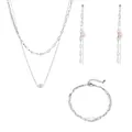 Detailed view of freshwater pearl jewelry set featuring stainless steel layered chains - Necklace+Bracelet+Earrings Set / Silver Jewelry Set
