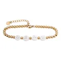 Detailed view of gold stainless steel beaded bracelet with white DEAR letter charms - DEAR Letter Style / Gold