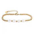 Detail view of gold beaded bracelet featuring white shell discs with 'NICE' letters - Nice Letter Style / Gold