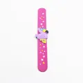 Detailed view of pink silicone flamingo slap bracelet with yellow and white stars. - Rose Red