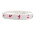 White silicone wristband with pink cowboy icons like cactus and horseshoe for parties - White Pink Cowboy Print Style