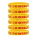 Yellow silicone sports wristbands featuring red I LOVE FOOTBALL print and soccer graphics - Orange