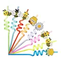 Set of colorful spiral drinking straws featuring cute cartoon bee and honey pot decorations - Bee Series / 8Pcs Set