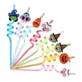 Detailed view of colorful Halloween spiral straws with pumpkin and witch cartoon toppers - 8 Pieces/Pack (Large Size)