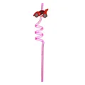 Detail view of a pink spiral drinking straw featuring a cute red racing car ornament. - Pink