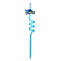 Detail view of a blue spiral drinking straw featuring a cartoon racing car accessory. - Sapphire Blue