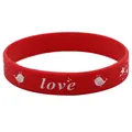 Detailansicht eines roten Silikonarmbands mit weißem Love-Schriftzug und Vogelmuster. - Stil 5 (Rot LOVE)