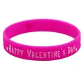 Close-up detail of a pink silicone wristband with Happy Valentine's Day white text and hearts - Style 4 (Rose Red HAPPY VALENTINE'S DAY)