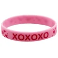 Detailed view of pink silicone wristband with red XOXOXO text and decorative hearts - Style 1 (Pink XOXO)
