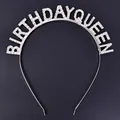 Close-up of rhinestone 'BIRTHDAY QUEEN' lettering on silver metal headband tiara. - Metal Headband / Silver