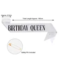 Detailed dimensions of silver glitter Birthday Queen sash with included safety pin - Queen / 160x9.5cm (With Safety Pin) / Silver With Black Text
