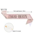 Detailed view of rose gold glitter Birthday Queen sash including size info and safety pin - Queen / 160x9.5cm (With Safety Pin) / Rose Gold