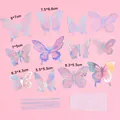 Details of 12pcs holographic butterfly cake toppers with various sizes and accessories. - Style A (Iridescent) / Set of 12