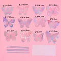 Detailed view of 12 iridescent butterfly cake toppers with specific sizes and accessories - Style A+B (Iridescent) / Set of 12
