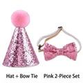 Two-piece set with a pink sequined birthday hat and matching bow tie for small pets - Hat and Bow Tie Set / Pink