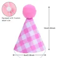 Pink checkered pet birthday hat with adjustable strap and 10cm height details. - Pink