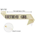 Gold glitter birthday girl party sash detail showing dimensions and safety pin. - Birthday Girl (Black Letters) / Gold