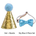 Pet birthday party set featuring a sparkling gold hat and light blue sequined bowtie - Hat and Bow Tie Set / Blue