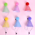 Set of six colorful plaid pet birthday hats with soft pom-poms and adjustable straps - Set of 6 / Colored Grid