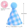 Detail view of blue checkered pet party hat with dimensions 10cm height and adjustable strap - Sky Blue