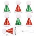 Detail view of glitter pet Christmas hats showing dimensions 9.5cm by 5cm for dogs and cats. - Plush Ball with Lace Style / Set of 6 / Red and Green