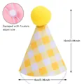 Checkered pet birthday hat detail with adjustable fixators and dimensions - Yellow