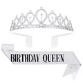 Élégant ensemble d'écharpe Birthday Queen pailletée argentée et tiare en cristal étincelant - Taille unique / Ensemble Queen Argenté