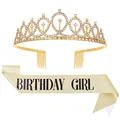 Détail du diadème d'anniversaire en strass dorés et de l'écharpe pailletée Birthday Girl - Taille unique / Set Birthday Girl Or