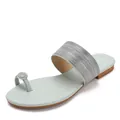 Mint green flat toe-ring sandals with rhinestone stud and wide silver metallic strap for women. - 38 / Green