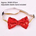 Detail view of red sequined pet bow tie with adjustable elastic gold strap - Bow Tie / Red
