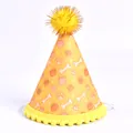 Detailed view of yellow sparkling pet party hat with paw prints and gold pom-pom - Yellow