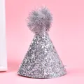 Detailed view of silver glitter pet birthday party hat with soft pom-pom and strap - Thick Glitter Pompom / Silver