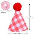 Red and white plaid pet birthday hat with adjustable fixator and decorative red pom-pom - Red