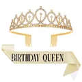 Détail élégant du diadème d'anniversaire doré et de l'écharpe Birthday Queen - Taille unique / Set Birthday Queen Or