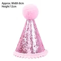 Adorable pink sequined pet birthday party cone hat with fluffy pom-pom and strap - Lace Trim Hat Pink