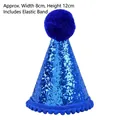 Detailed view of a sparkling blue glitter cone party hat for pets featuring pom-pom decor - Lace Trim Hat Royal Blue