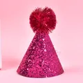 Sparkly pink sequined pet birthday hat decoration featuring a fuzzy tinsel pom-pom detail - Thick Glitter Pompom / Rose Red