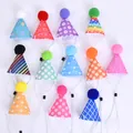 Colorful pet party hats with pom poms for dogs and cats birthday celebration - 12 Mixed Prints / Set of 12