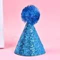 Blue glitter party hat for dogs and cats featuring a fluffy pom-pom and elastic strap. - Thick Glitter Pompom / Sky Blue