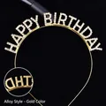 Detail of golden Happy Birthday rhinestone headband showing alloy texture - Alloy Multi-Rhinestone Headband / Gold