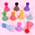 Set of 10 colorful patterned mini pet birthday hats with festive tinsel pom poms - Printed Felt Hat Style B / 10 Pieces Pack / Style B (10 Pack)