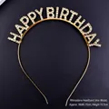 Shining golden rhinestone Happy Birthday headband tiara for birthday party celebrations - Gold Iron Rhinestone Headband