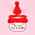 Close-up view of red pet birthday bib and hat with colorful Happy Birthday embroidery - Hat Scarf Set / Red